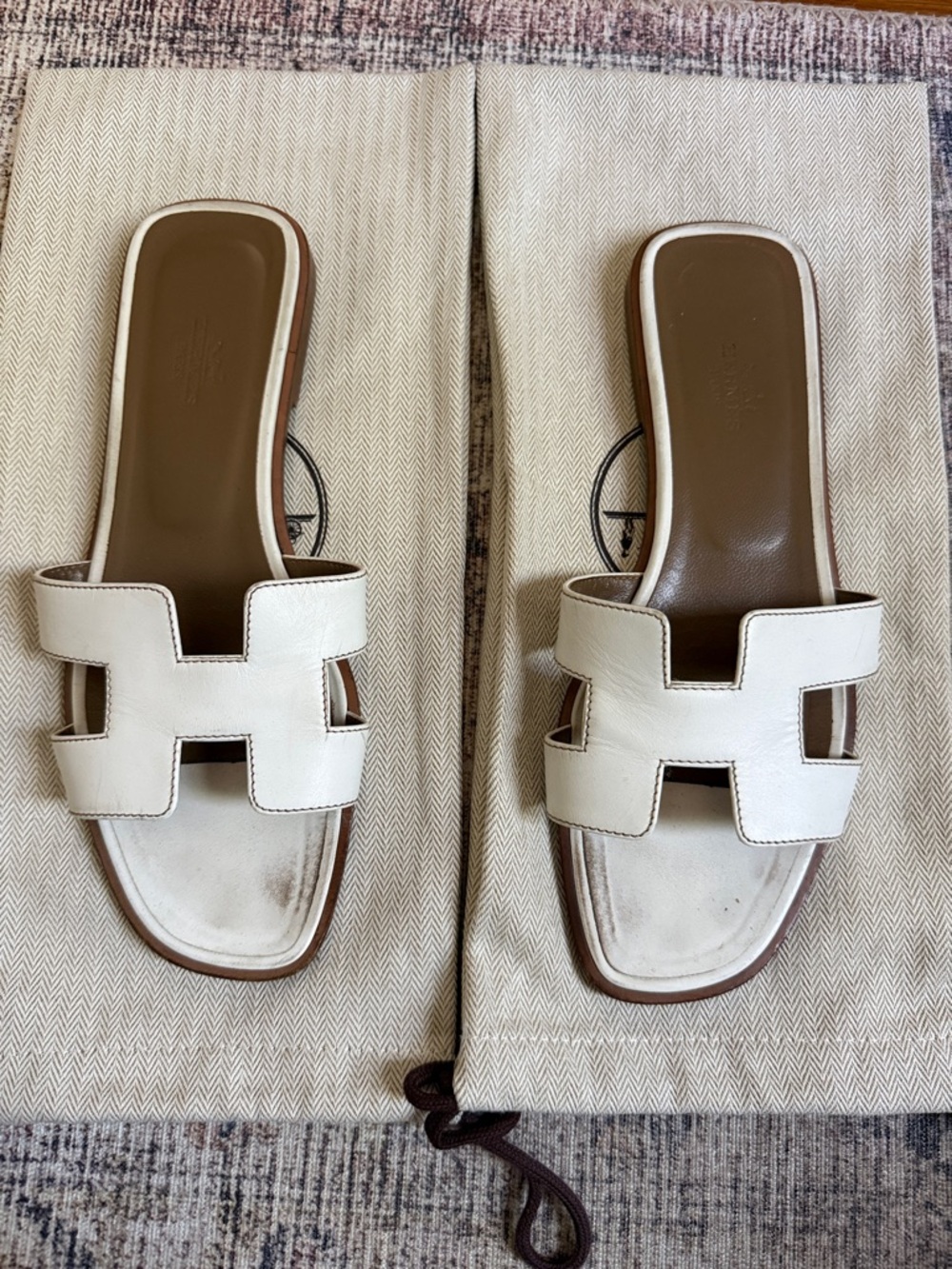 Hermes Oran White Leather H-Slide Sandals, Size 38.5